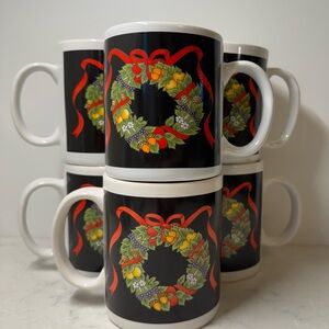 Festive Wreath Black and White Mugs Set of Six